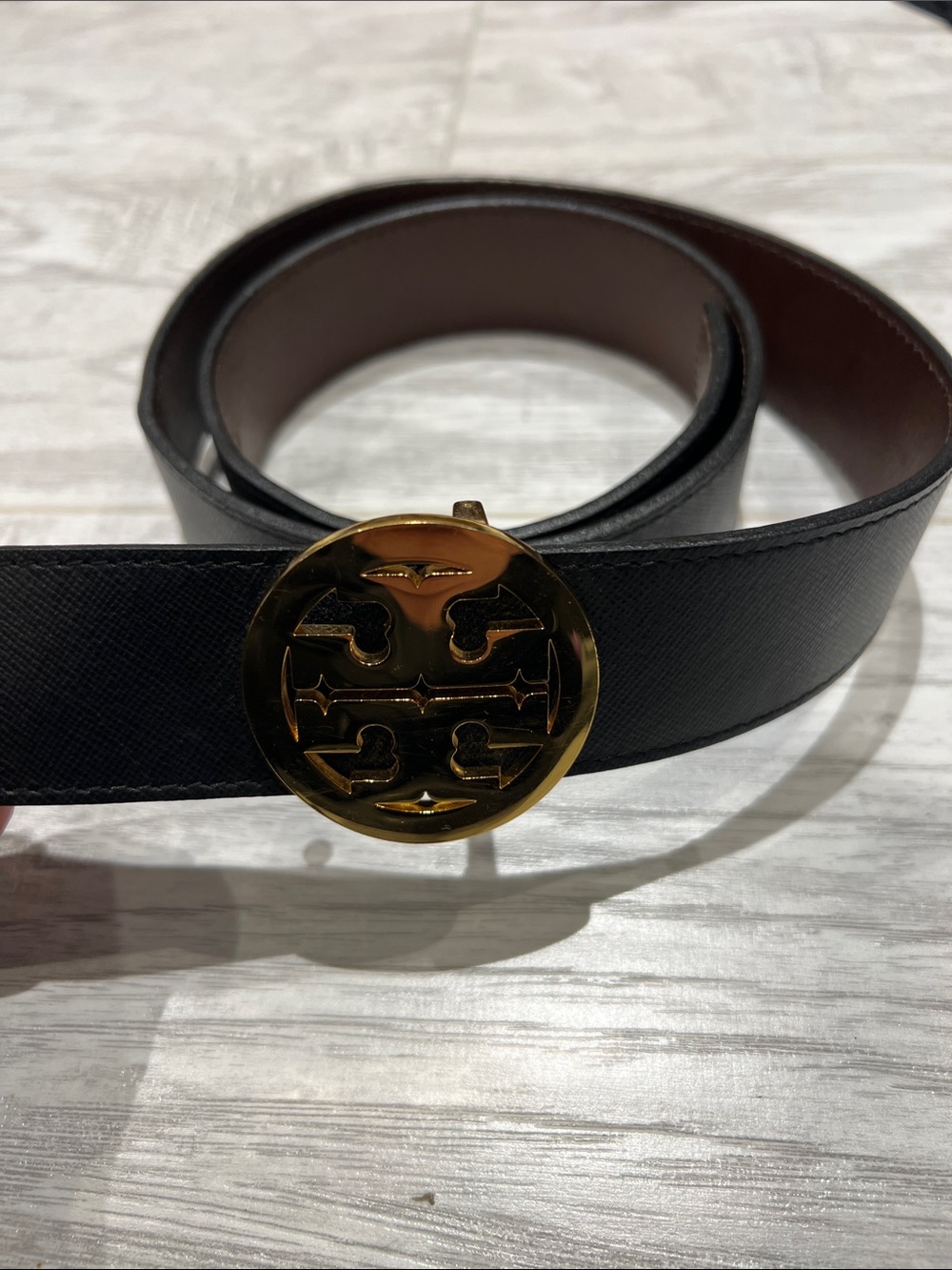 Tory Burch Black Leather Belt with Gold Logo Medallion